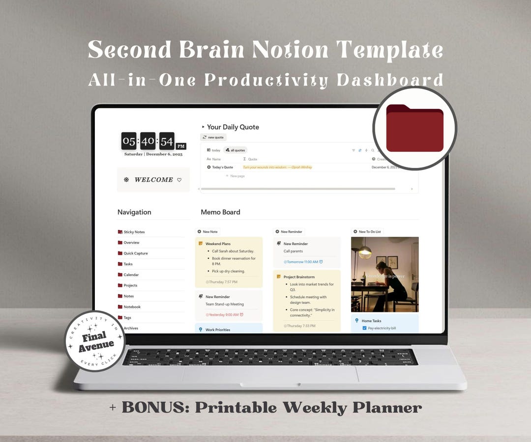 Second Brain Notion Template All-in-one Productivity Dashboard Projects ...