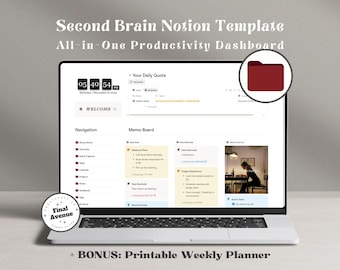 Second Brain Notion Template All-in-One Productivity Dashboard Projects Tasks Calendar Notes Notion Planner 2026 Vision Board Sticky Notes