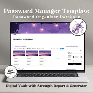 Könnte beinhalten: Ein Laptop zeigt eine Passwort-Manager-Vorlage mit einer lila und weißen Oberfläche. Der Bildschirm zeigt eine Passwortdatenbank, einen Generator und einen Stärkenbericht. Der Text enthält "Password Manager Template" und "Digital Vault". Eine Geigenillustration ist zu sehen.