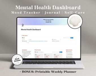 Mental Health Dashboard Notion Template Mood Tracker Journal Personal Growth Emotions Wheel Self-Care Notion Planner Sleep Log