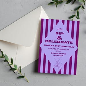 Editable Sip & Celebrate Invitation - Purple/Pink 21st Birthday Party Template - Digital Download