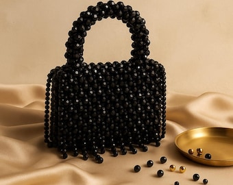 Luxus schwarze Perlenhandtasche - handgefertigte Perlentasche mit Fransen | Abendtasche für Hochzeiten, Partys und besondere Anlässe, Geschenk für Sie