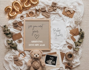 New Year 2026 Baby Digital Announcement Simple Neutral New Year Baby Social Media Reveal Editable Canva Template New Year's Pregnancy