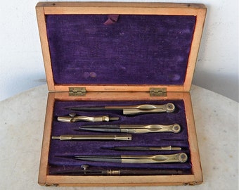 FRENCH DRAFTING SET Travel or Student Size Royal Purple Velvet Lining Wood Case 6 Brass 1 Wood Instruments Brass Hinges Latches Late 1800's