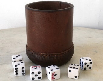 LEATHER DICE CUP + 6 White Dice Rich Brown All Hard Leather Smaller Grip Tightly Stitched Leather Bottom Vintage 1900's