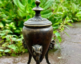 FRENCH BRONZE INKWELL Rams Heads & Hooves Fancy Finial Hinged Rare and Unique One of a Kind Sculpture 1800’s