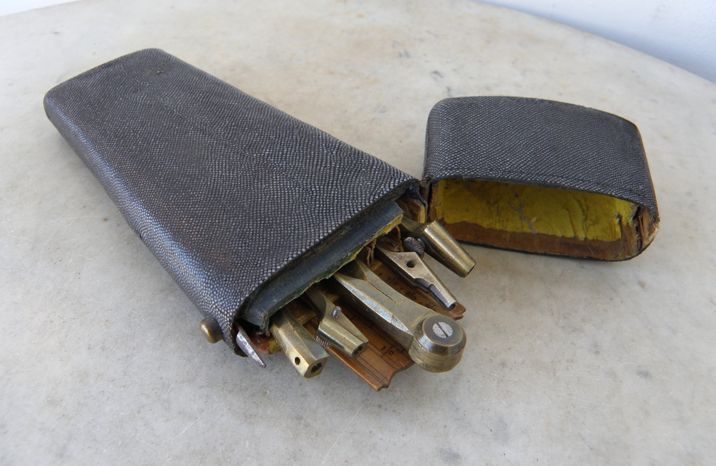 Shagreen Drafting Set Fitted Case 5 Brass Tools Boxwood Ruler Etsy