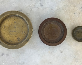 3 Antique Brass Imperial Stacking Weights English 1800’s Signed & Inspection Marks London 1 Pound, 8 Ounces, 2 Ounces Not a Set