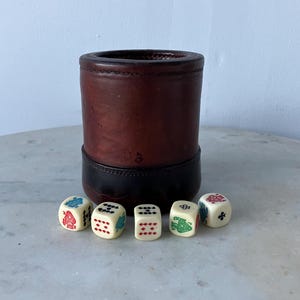 LIAR&#39;S DICE CUP Shaker + 5 Pictorial Dice Narrow Smaller Size Grip Dark Brown Smooth All Leather Rare Travel or Vintage Mid 1900&#39;s
