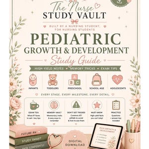 Puede incluir: Una guía de estudio digital titulada The Nurse Study Vault Pediatric Growth & Development con iconos para bebés, niños pequeños, preescolares, escolares y adolescentes. Incluye libros, un estetoscopio y una tableta con notas.