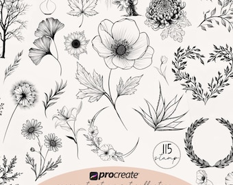 ボタニカルフラワースタンプ Procreateブラシスタンプタトゥーフラッシュセット Procreateタトゥーステンシルバンドルデジタルブラシパック Procreateスタンプブラシ