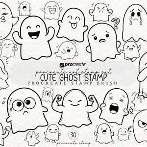 Peut inclure: Ensemble de 30 illustrations de fant&ocirc;mes noirs et blancs avec diverses expressions. Le texte "CUTE GHOST STAMP" et "PROCREATE STAMP BRUSH" est visible. Id&eacute;al pour les projets d'art num&eacute;rique.