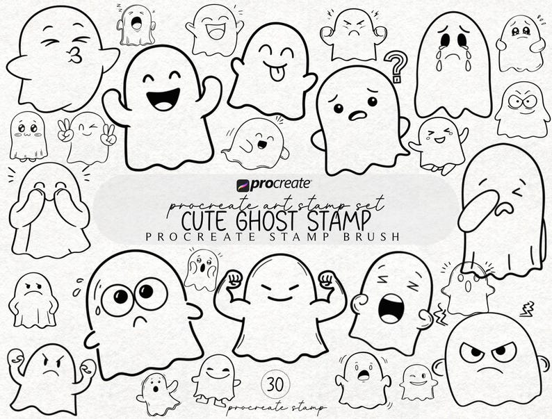 Peut inclure: Ensemble de 30 illustrations de fant&ocirc;mes noirs et blancs avec diverses expressions. Le texte "CUTE GHOST STAMP" et "PROCREATE STAMP BRUSH" est visible. Id&eacute;al pour les projets d'art num&eacute;rique.