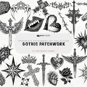Könnte beinhalten: Eine Sammlung von 63 digitalen Stempeln mit dem Titel Procreate Patchwork Set Collection Gothic Patchwork. Das Set enthält detaillierte Illustrationen von Särgen, Schwertern, geflügelten Dolchen, Stacheldraht, Kronen, Rosen und anatomischen Herzen.