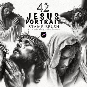 May include: A grayscale digital art collection titled "42 Jesus Portrait Stamp Brush." The image features multiple portraits of Jesus Christ, including depictions with a crown of thorns and carrying a cross. The Procreate stamp set collection is also visible.