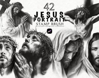 Jezus portret Realistisch voortplanten-stempel, digitale portretstempels, religieuze bundel penseelstempel, ontwerp voortplanten, realistisch tattoo-ontwerp