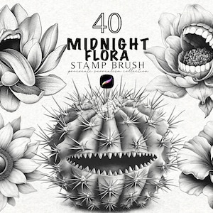 May include: Black and white digital art featuring stylized floral illustrations with open mouths and sharp teeth. The image includes a cactus with a toothy grin and the text "40 MIDNIGHT FLORA STAMP BRUSH".