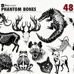 May include: A collection of black and white illustrations featuring animal skeletons, such as a goat, crocodile, and dog. The image includes the text "Phantom Bones" and "48 Stamp Brush", designed for Procreate.