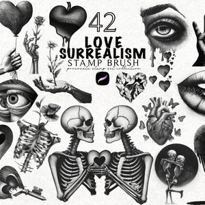 Può includere: Una collezione di 42 pennelli timbro surrealisti in bianco e nero. Le illustrazioni includono cuori, occhi, mani, scheletri e labbra. Il testo recita "42 LOVE SURREALISM STAMP BRUSH Procreate stamp set collection."