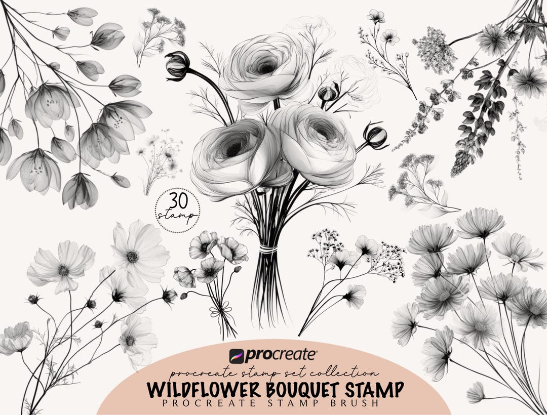 Wildflower Flower Bouquet Procreate Stamp Brush Set | Fine Line Tattoo ...