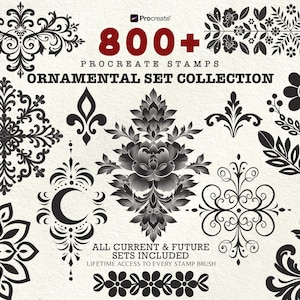 Pode incluir: Uma coleção digital de mais de 800 carimbos Procreate com designs ornamentais. As ilustrações em preto e branco incluem padrões florais, floreios e formas geométricas. O texto na imagem diz "Ornamental Set Collection."