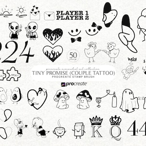 Puede incluir: Una colección de diseños minimalistas de tatuajes para parejas en blanco y negro. Los diseños incluyen corazones, extraterrestres, gatos, números y otras pequeñas ilustraciones. El texto incluye "Tiny Promise (Couple Tattoo)".