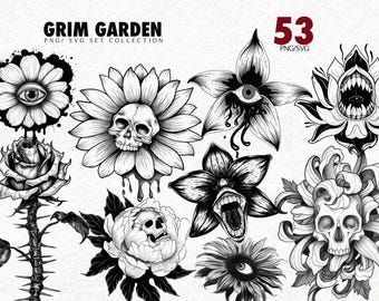 Donkere bloemen gotische Svg Png bundel Tattoo Flash Design Png Svg bloem Tattoo Svg png griezelige bloemen Png Svg Cricut Svg bloem digitale download
