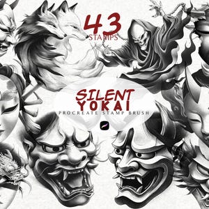 Puede incluir: Una colección de 43 sellos con máscaras japonesas, demonios y criaturas míticas en escala de grises. La imagen incluye el texto "SILENT YOKAI PROCREATE STAMP BRUSH". La obra de arte muestra ilustraciones detalladas del arte tradicional japonés.