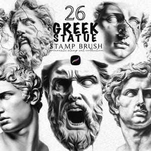 以下が含まれることがあります： 26個のギリシャ彫刻スタンプブラシのデジタルアート画像。画像には、ひび割れのあるものを含む、さまざまなグレースケールのギリシャ彫刻の胸像が示されています。「26 GREEK STATUE STAMP BRUSH」というテキストが表示されています。