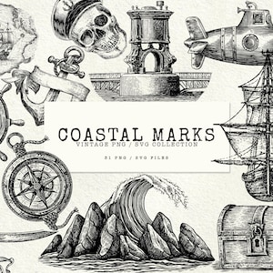 Peut inclure: Ensemble d'illustrations nautiques vintage en noir et blanc. Comprend une roue de navire, une boussole, un navire pirate, un sous-marin, un crâne, une ancre, un phare, un coffre au trésor et une carte.