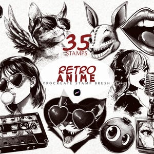 Peut inclure: Illustrations en noir et blanc de style rétro anime. Les images incluent un chat avec des lunettes de soleil, une fille avec des lunettes en forme de cœur, une cassette, une bombe et une télévision. Le texte indique "35 STAMPS" et "RETRO ANIME PROCREATE STAMP BRUSH".