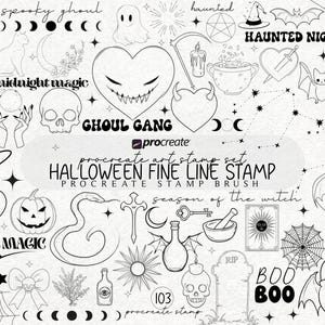 Op de afbeelding: Een verzameling zwart-wit Halloween-illustraties, waaronder een spin, kat, spook, schedel, hart, pompoen en vleermuis. Tekst omvat "Spooky Ghoul", "Haunted Nights", "Dark Magic" en "Ghoul Gang". De set is een "Halloween Fine Line Stamp".