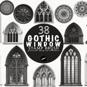 May include: A collection of 38 Gothic window stamp brushes in black and white. The image features various architectural window designs, including arched and circular shapes, with intricate details. The text reads "38 Gothic Window Stamp Brush".