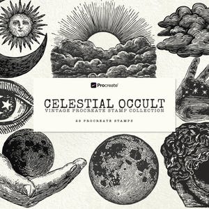 Può includere: Una collezione di timbri Procreate in stile vintage con temi celesti e occulti. Le illustrazioni in bianco e nero includono una luna crescente, un sole, nuvole, un occhio con stelle, una mano con stelle, una luna piena e un busto.