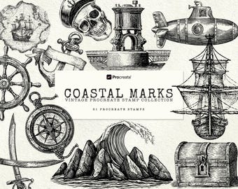 Nautisch Procreate Stempelborstels Vintage Maritiem Clipart Ankerschip Kompas Tattoo Flash Ontwerp Graveren Procreate Borstelset iPad