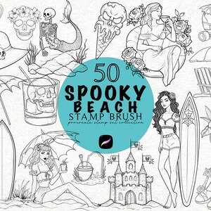 May include: A black and white illustration featuring a collection of spooky beach-themed designs. Includes a mermaid skeleton, skull ice cream, surfboards, and the text "50 Spooky Beach Stamp Brush".