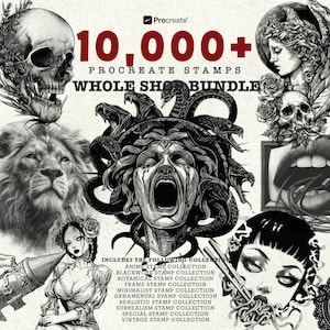 May include: A black and white digital art bundle featuring various illustrations, including a skull, lion, Medusa, and a woman with spaghetti. The text reads "10,000+ Procreate Stamps Whole Shop Bundle". Includes multiple stamp collections.