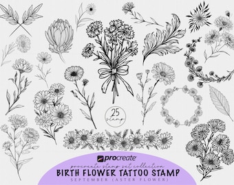 Puede incluir: Una colección de ilustraciones florales en blanco y negro, que incluye varios tipos de flores, hojas y arreglos. La imagen incluye una pancarta que dice "BIRTH FLOWER TATTOO STAMP SEPTEMBER (ASTER FLOWER)" y el logotipo de Procreate.