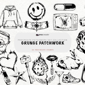May include: A collection of black and white digital illustrations featuring a skull, hoodie, smiley face, pill, television, teddy bear, soda can, zombie head, fish, heart, star, key, dice, lips, lipstick, rabbit, sneaker, and drink with the text Procreate Patchwork.