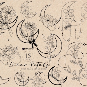 May include: Black line art illustrations of crescent moons decorated with floral designs. The image includes the text "Lunar Petals" and "15 stamps". The background is a beige colour.