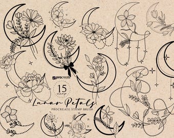 Tattooborstel maan en bloem Procreate Stempels Borstel Minimalistische bloem Tattoo-ontwerp Flitsblad Tattoo Procreate Bloemenborstel Digitaal penseel