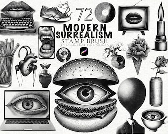 May include: A collection of 72 modern surrealism stamp brushes for Procreate, featuring various black and white illustrations. Includes a typewriter, lips, a shoe with branches, a record, a TV, a candle, fries, a heart, a perfume bottle, a burger with an eye, and more.