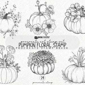 May include: Black and white line art of pumpkins with floral arrangements. The image includes several pumpkin designs, each adorned with different flowers and foliage. Text reads "Procreate art stamp set PUMPKIN FLORAL STAMP".