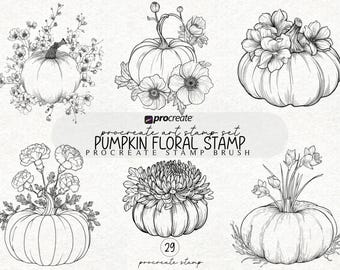 Paquete de pinceles para sellos de calabaza floral de Procreate, sello de pincel de Procreate, diseño de plantilla de tatuaje, paquete de pinceles digitales, sello botánico de Procreate