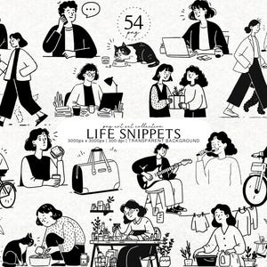 Peut inclure: Illustrations en noir et blanc de scènes de la vie quotidienne. Les images représentent des personnes marchant avec des chiens, travaillant sur des ordinateurs portables et faisant du vélo. Le texte "LIFE SNIPPETS" est visible.