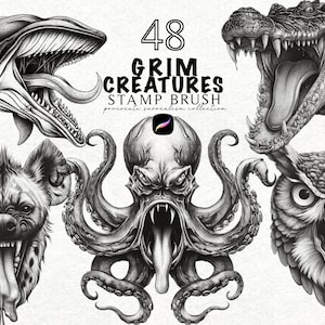 May include: Monochrome illustrations of a whale, crocodile, hyena, octopus, and owl. The text "48 GRIM CREATURES STAMP BRUSH" is displayed above the illustrations. A Procreate stamp brush collection.