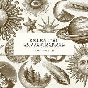 May include: A sepia-toned vintage collection of celestial occult symbols. The image features illustrations of the sun, moon, stars, planets, and other astrological elements. The text on the image reads "Celestial Occult Symbol Vintage PNG / SVG Collection".