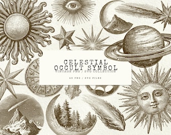 Occulte hemelse Svg-bundel Vintage occulte kunst PNG SVG-bundel Vintage astrologie Clipart zon maan sterren gravure mystieke elementen