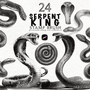 Könnte beinhalten: Schwarz-Weiß-Illustration mit verschiedenen Schlangenmotiven, darunter Kobras und aufgerollte Schlangen. Der Text "24 Serpent King Stamp Brush" deutet auf ein digitales Kunstprodukt hin.