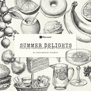 Puede incluir: Ilustración en blanco y negro de varias comidas y bebidas de verano, incluyendo una hamburguesa, fruta, helado y un cóctel. El texto "SUMMER DELIGHTS" se muestra en un rectángulo blanco, junto con "VINTAGE PROCREATE STAMP COLLECTION" y "46 PROCREATE STAMPS."